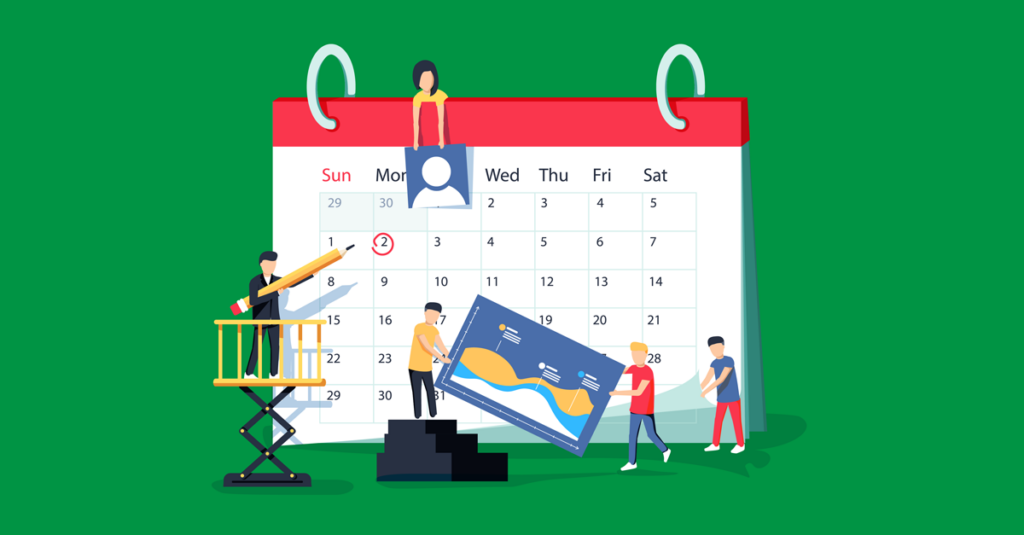 Digital marketing team creating and adjusting a calendar concept. Design and teamwork in Dublin's web agency.