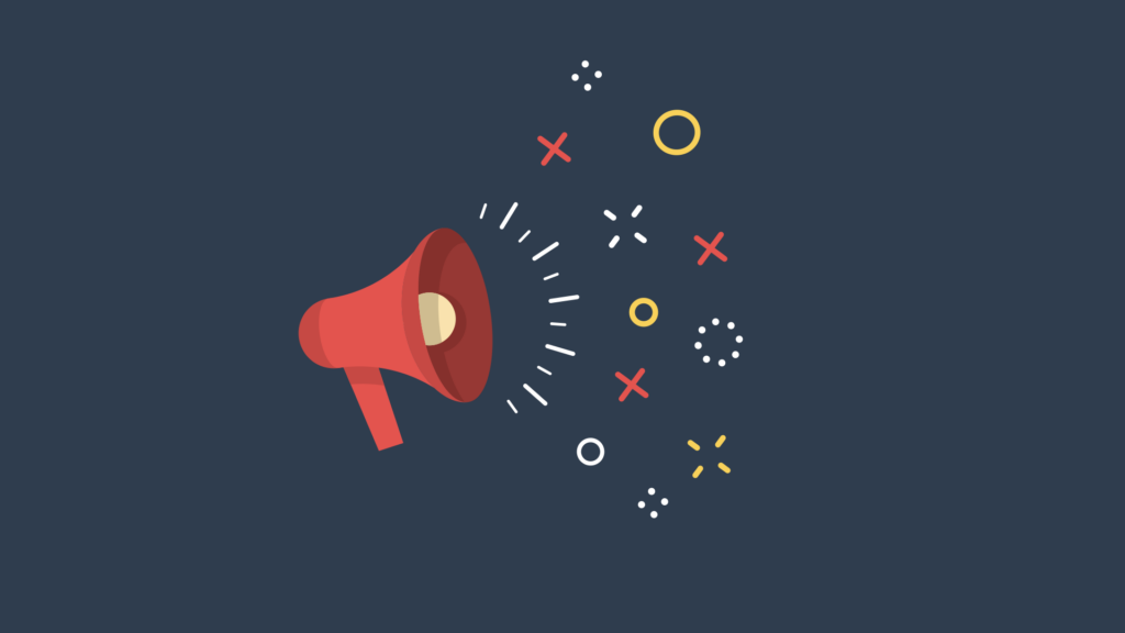 Red megaphone on navy background with colourful symbols - digital marketing concept for Dublin agency.