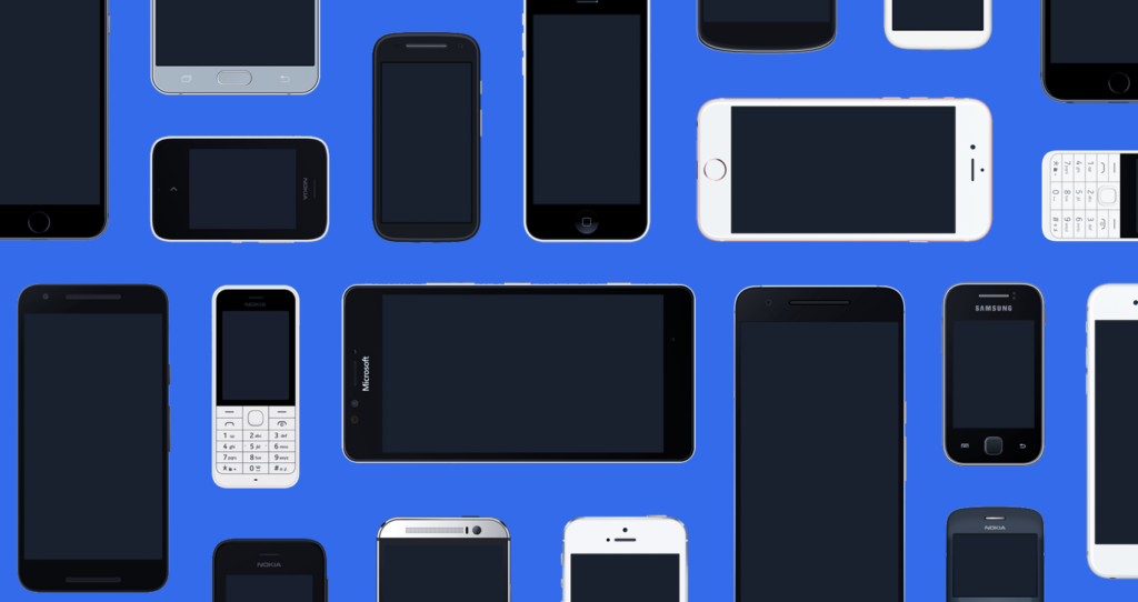 Various smartphones on a blue background representing digital connectivity. Ideal for web and marketing services.