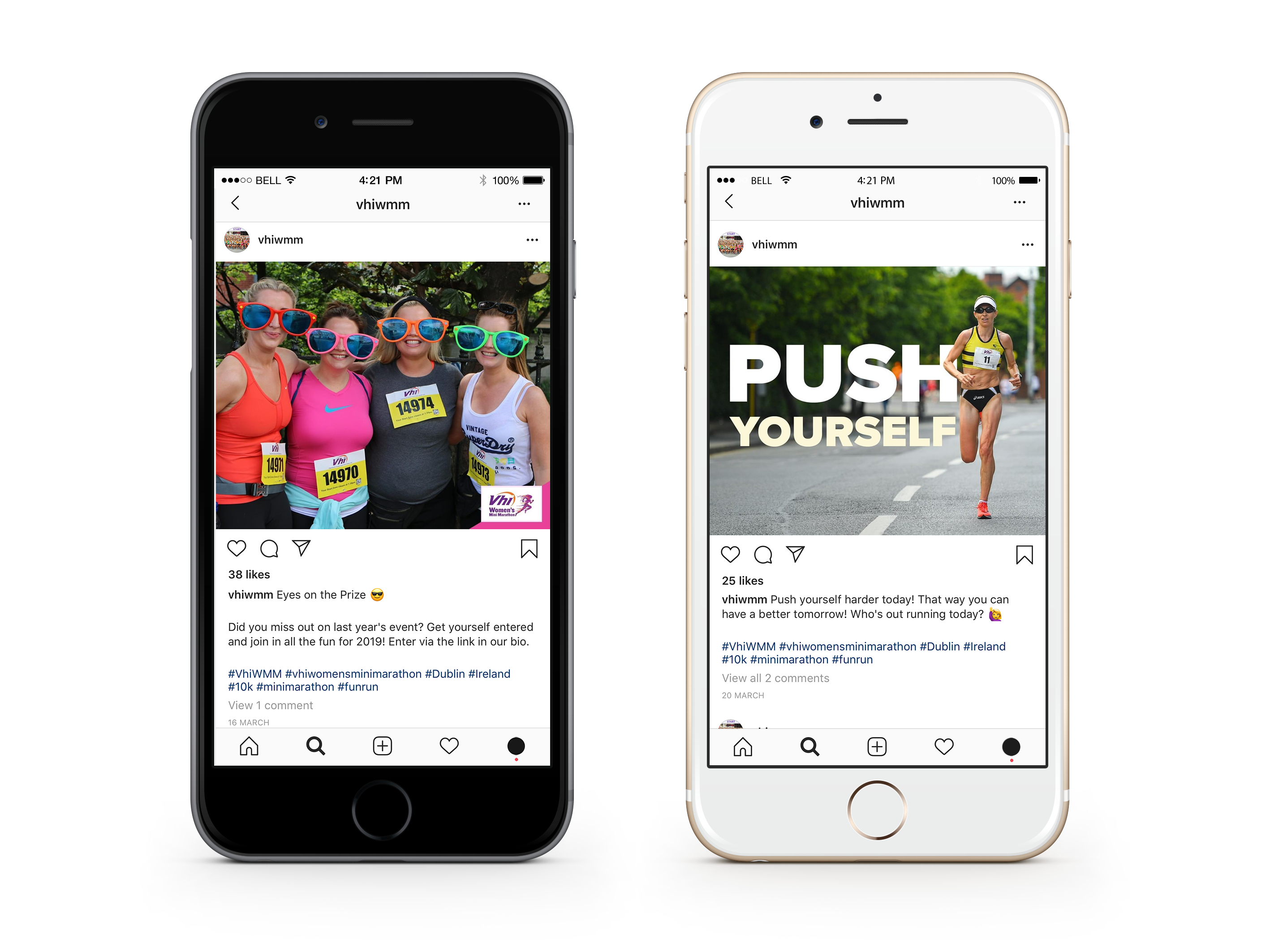 Race event Marketing: The Ultimate Guide. An image of two iPhone 8's side by side. The iPhone on the left has Instagram open with an image of 4 women wearingoversized sunglasses after completing a race event