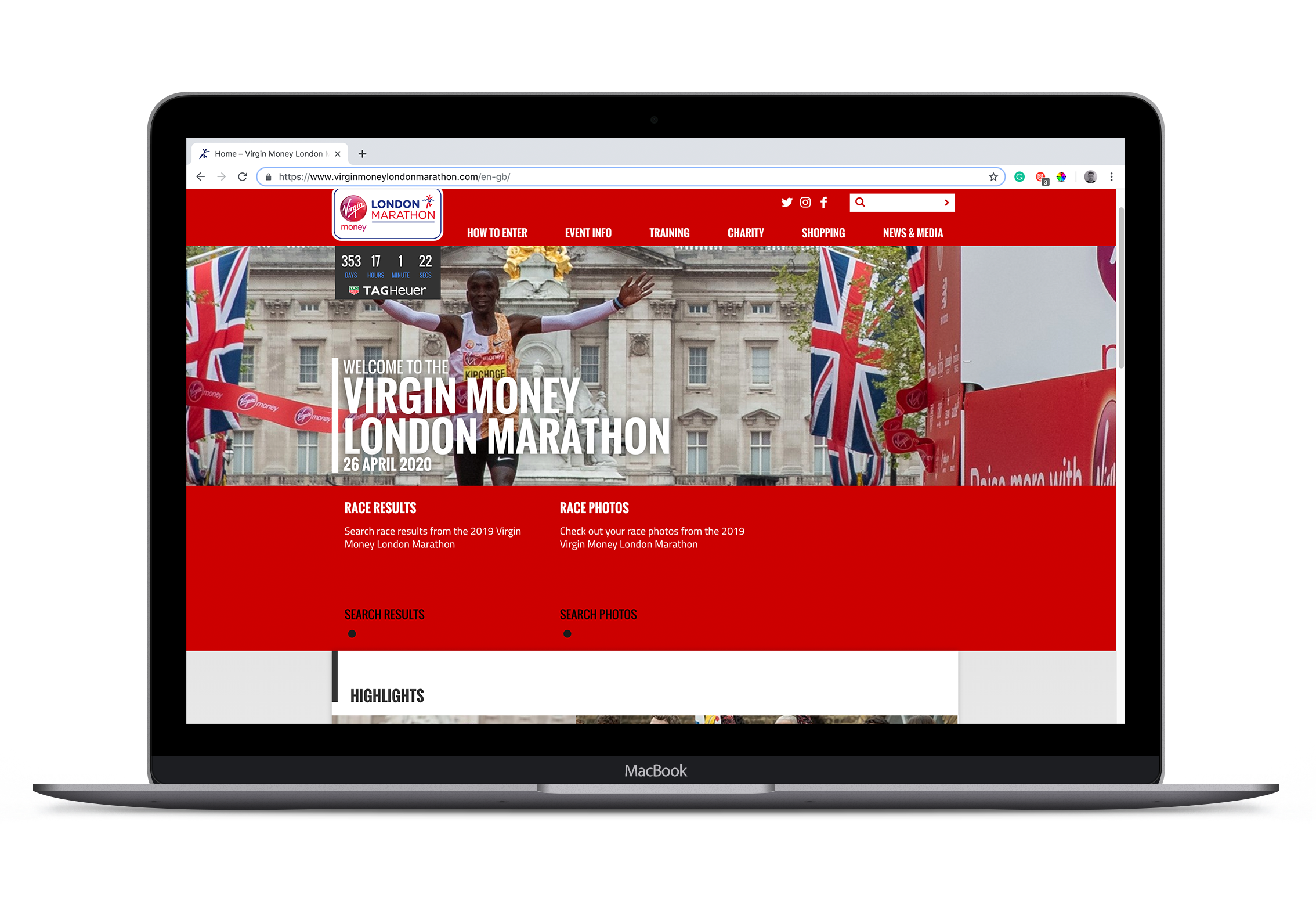 Race Event Marketing. The ultimate guide. An image of a Macbook pro with the london marathon website open to showcase a clean website with good CTA above the fold