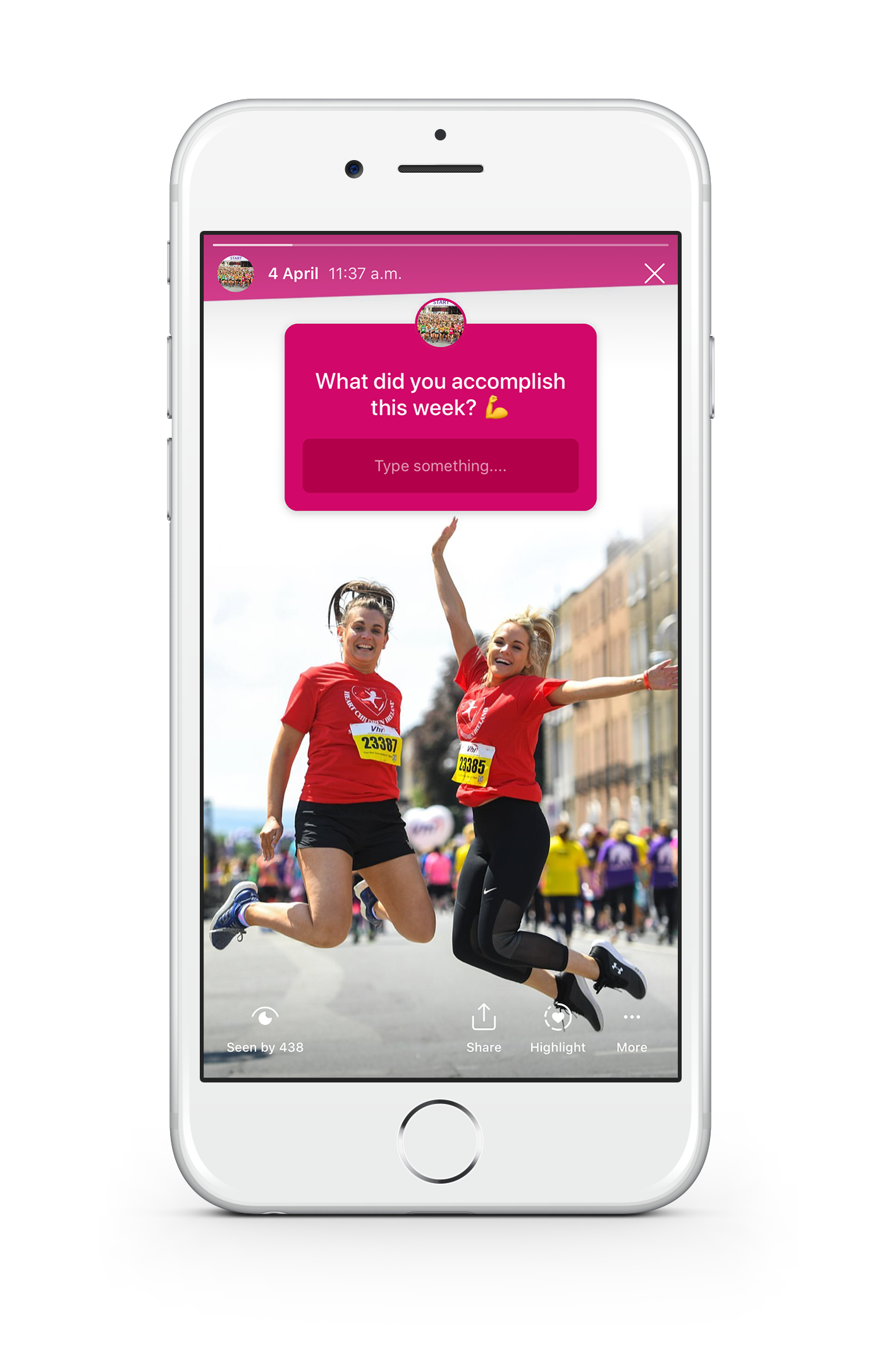 Race Event Marketing: The Ultimate Guide. An image of a white iPhone 8 with a screenshot of an Instagram story. In the foreground of the image is two girls jumping in the air in excitement after completing the marathon. The background has an instagram question box asking "What did you accomplish this week?".