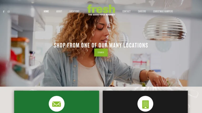 Website homepage of Fresh market, showcasing store locations and vibrant design elements.