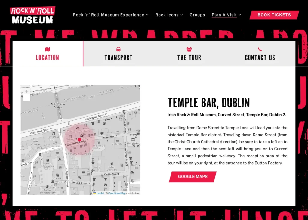 Map and directions to Irish Rock & Roll Museum in Temple Bar, Dublin. Key landmarks and streets highlighted.