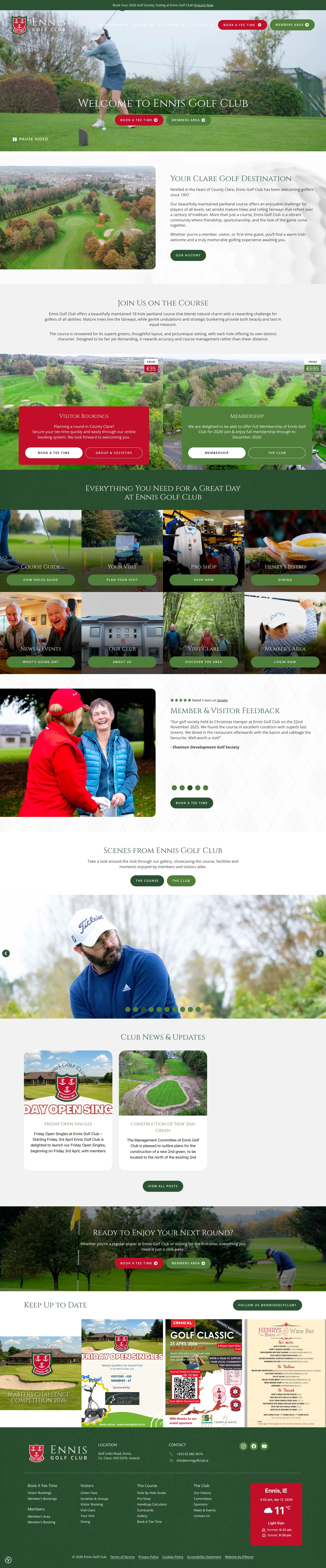 Ennis Golf Club website home page showcasing golfing activities and club facilities in Dublin, Ireland.