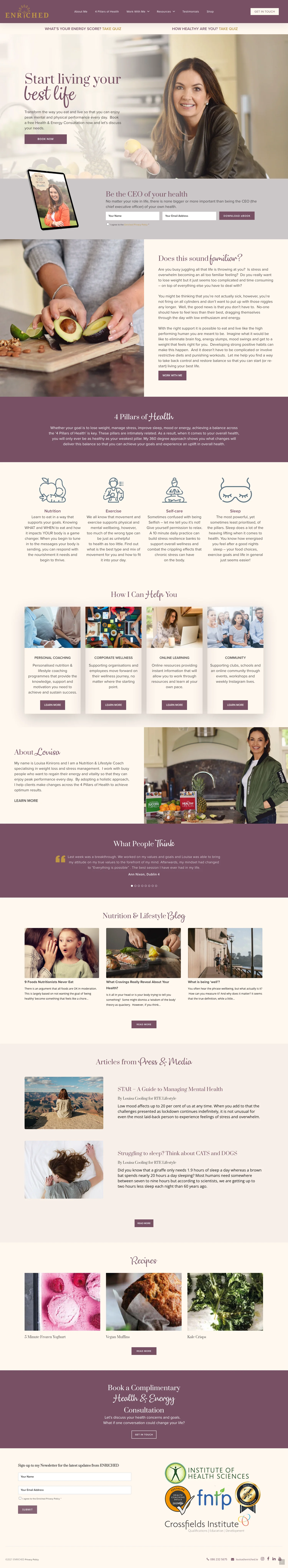 Modern website showcasing health consultant services and tips, offering personal guidance for healthy living in Dublin.