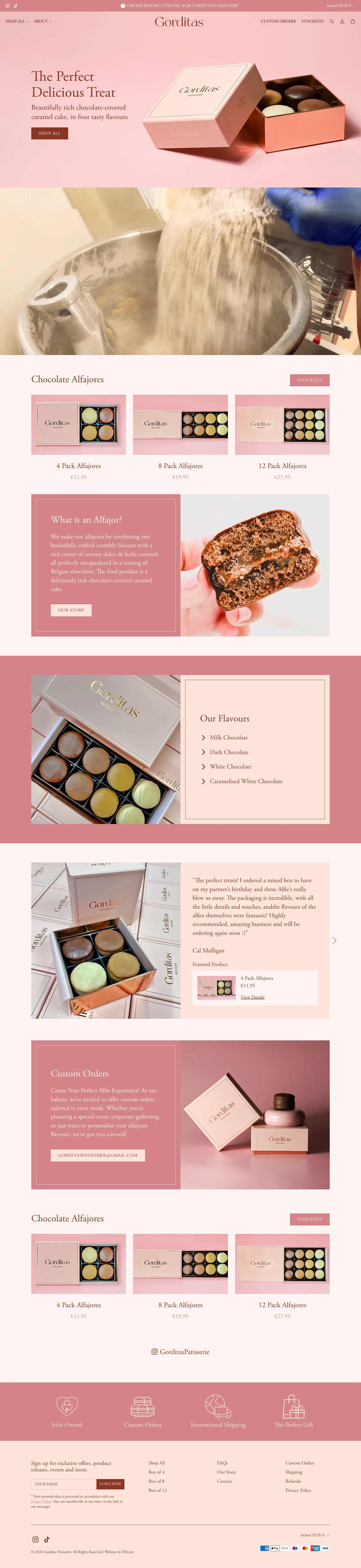 Gorditas website showcasing chocolate alfajores with caramel, featuring product images and packaging in soft pink.