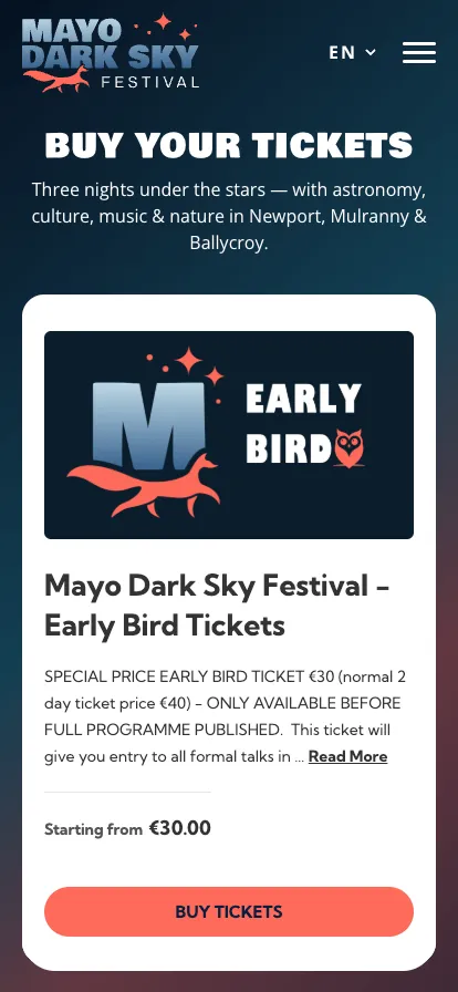 Mayo Dark Sky Festival early bird tickets promotion. Astronomy and culture in Newport, Mulranny, and Ballycroy.