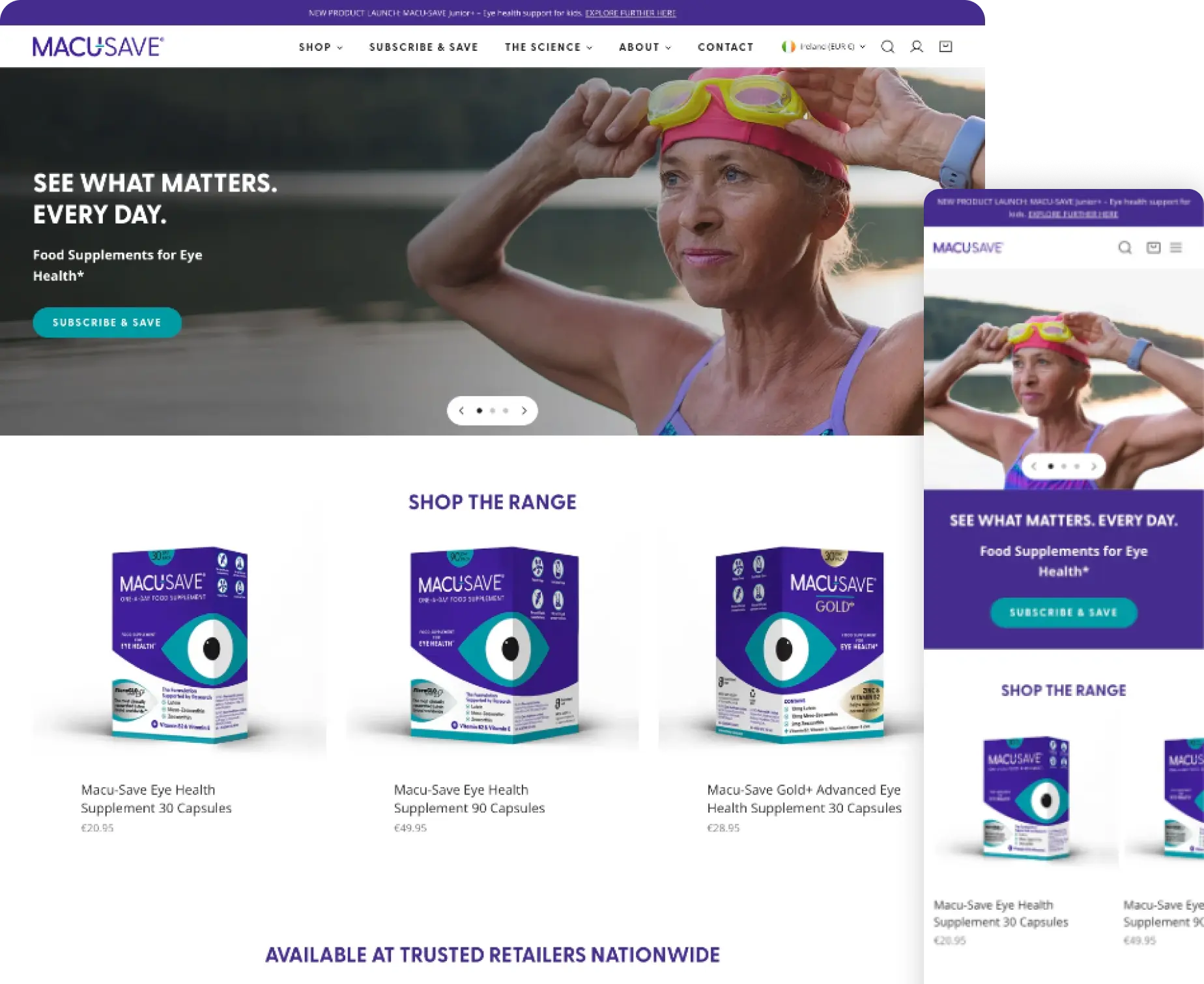 MacuSave website promoting eye health supplements in Dublin. Shop the range online with trusted retailers nationwide.