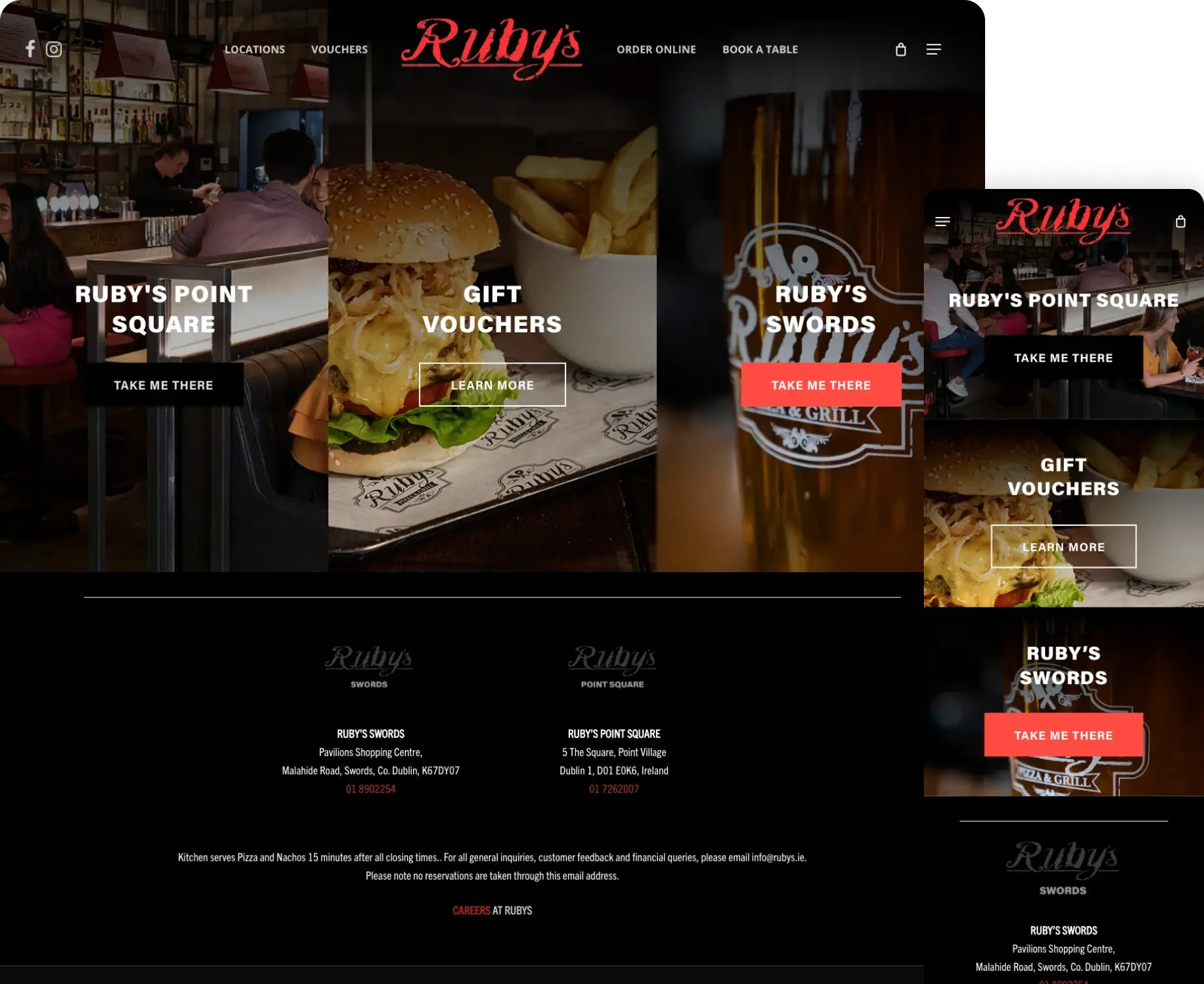 Dublin restaurant website with burger and chips showcase gift vouchers locations and contact info for Ruby's