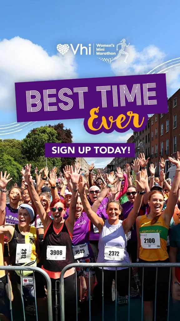 Women celebrating at Vhi Women's Mini Marathon in Dublin. Sign up today for the best time ever!