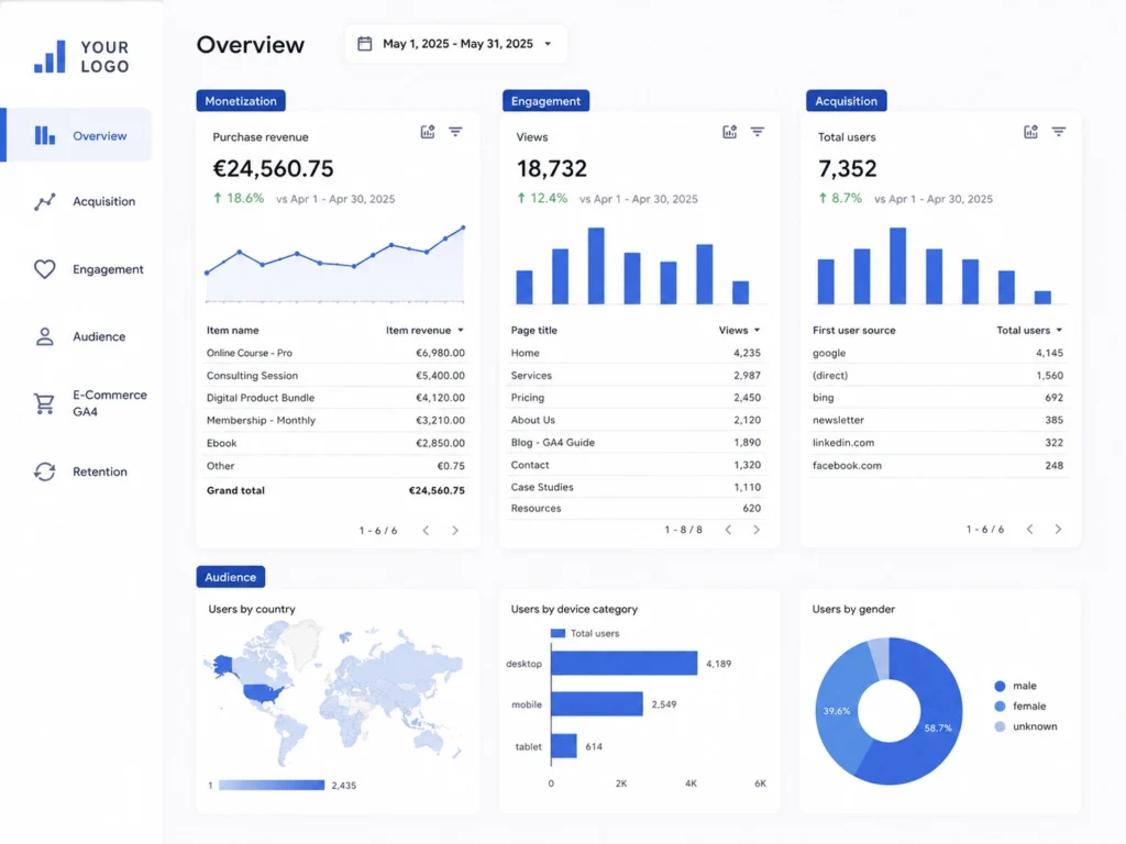 Analytics dashboard showing revenue, engagement, and acquisition metrics for a digital marketing agency in Dublin.